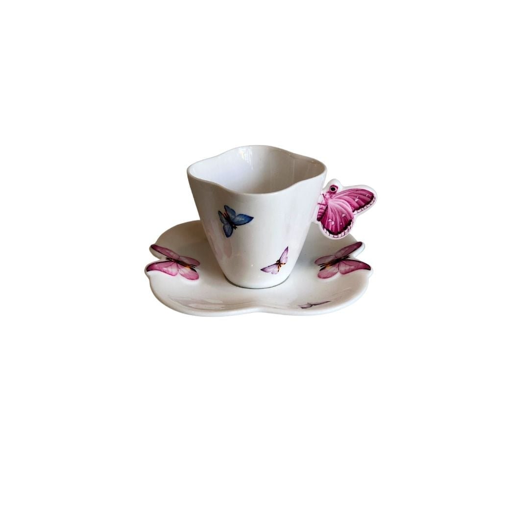 Xícara de Café Porcelana com Pires Borboletas 100ml - Ela Decora