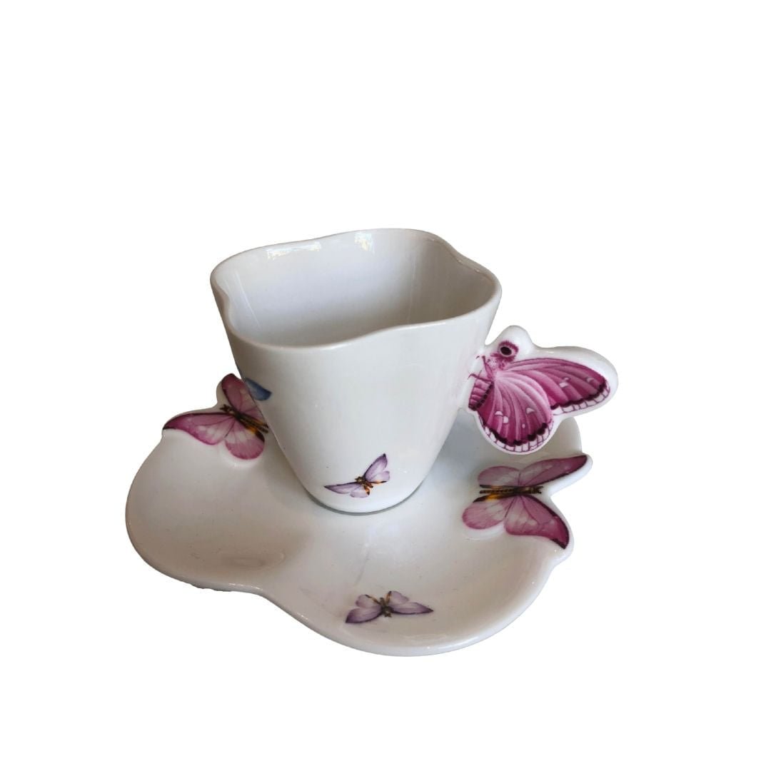 Xícara de Café Porcelana com Pires Borboletas 100ml - Ela Decora