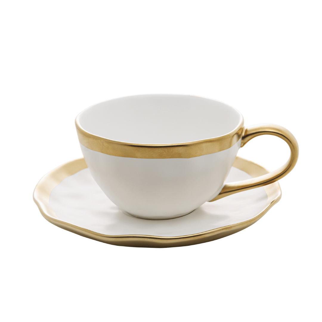 Xícara de Chá em Porcelana Dubai Branco e Dourado 200ml - Ela Decora