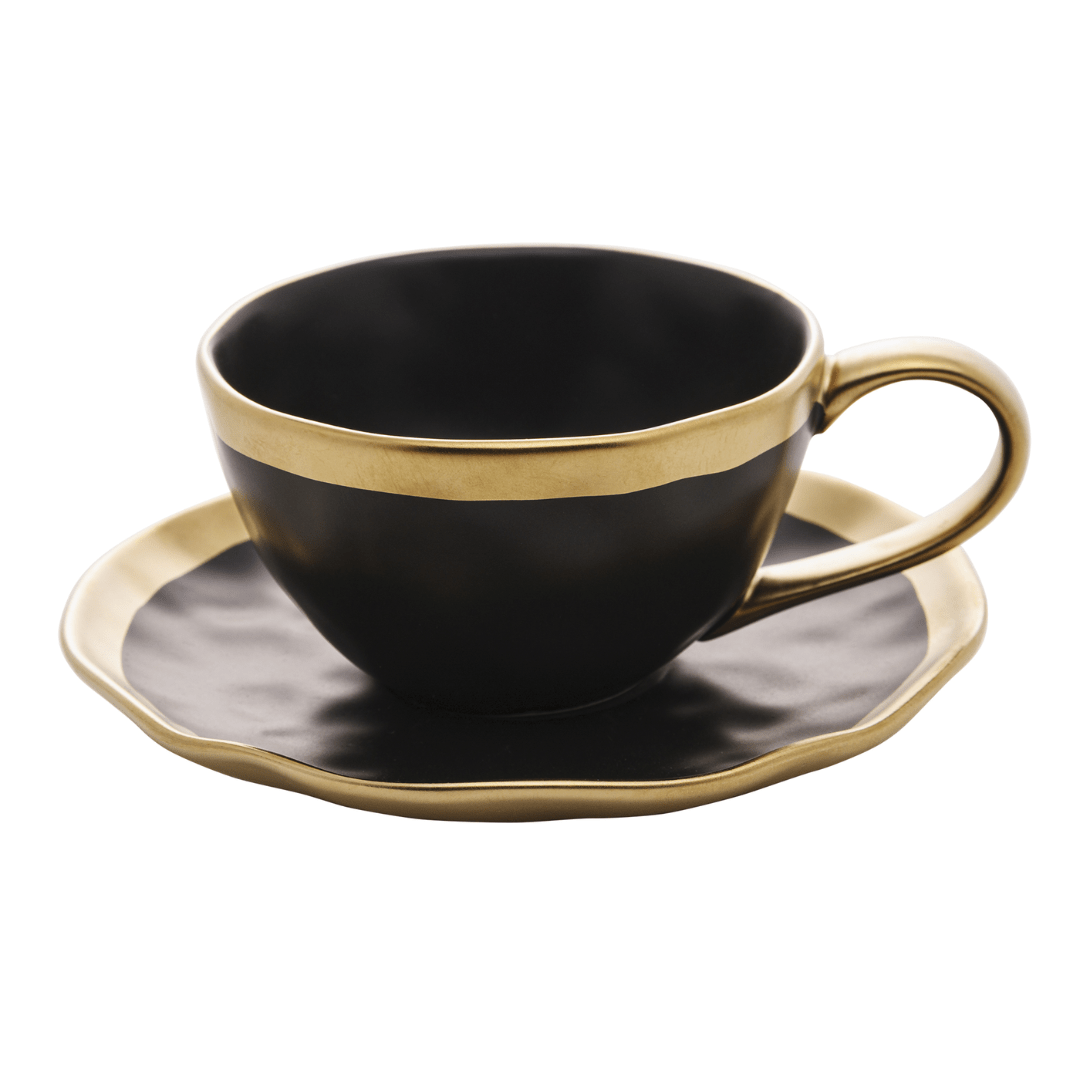Xícara de Chá em Porcelana Dubai Preto e Dourado 200ml - Ela Decora