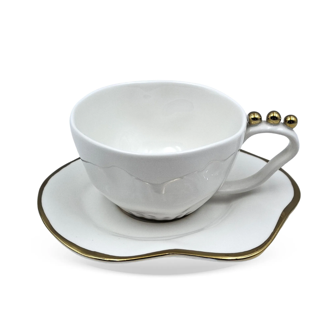 Jogo 6 Xicaras de Chá com Pires Cerâmica Branco e Dourado 200ml
