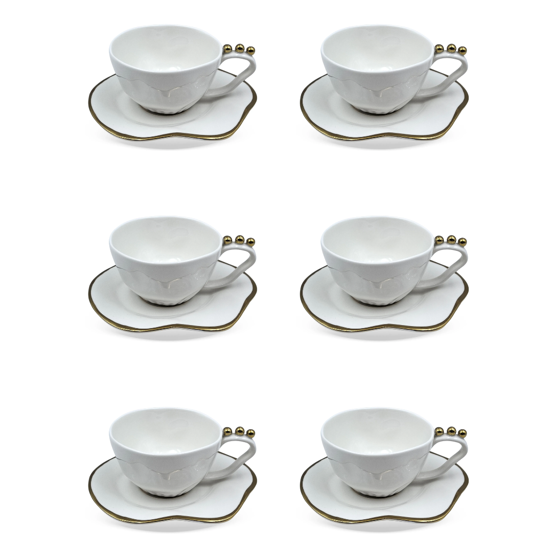 Jogo 6 Xicaras de Chá com Pires Cerâmica Branco e Dourado 200ml