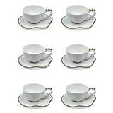 Jogo 6 Xicaras de Chá com Pires Cerâmica Branco e Dourado 200ml