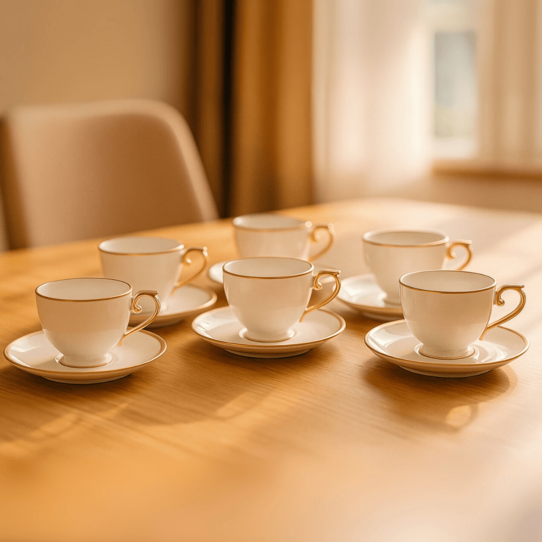 Jogo De Xícaras Para Café Dourada Com Pires Porcelana Alça Ouro Paddy 90ml - 6 Peças