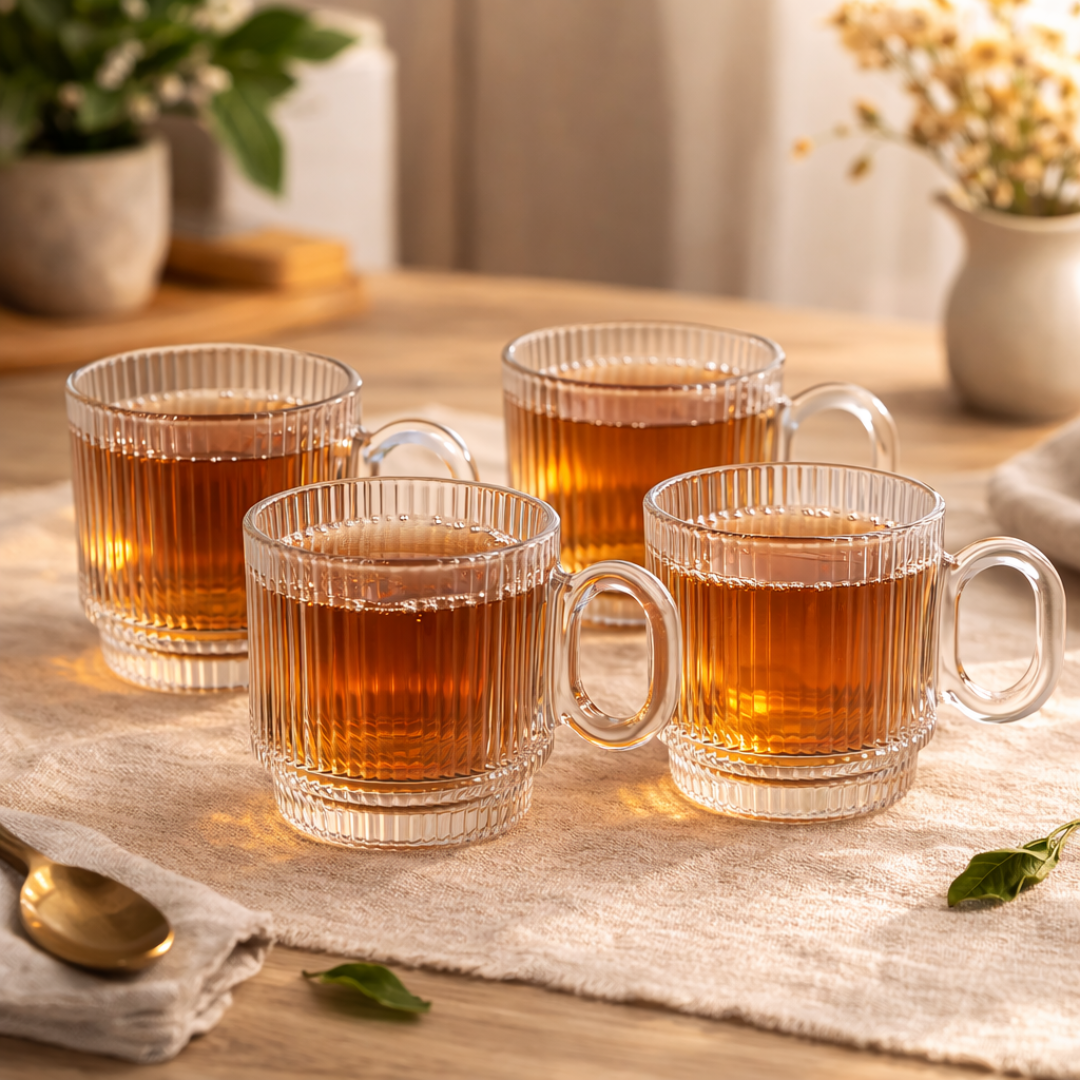 Quatro canecas de vidro com café em mesa clara e plantas decorativas