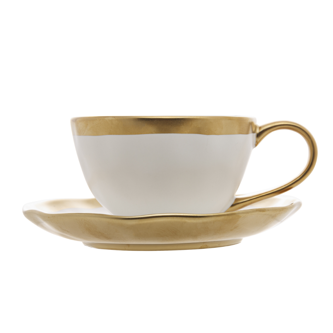 Xícara de Chá em Porcelana Dubai Branco e Dourado 200ml