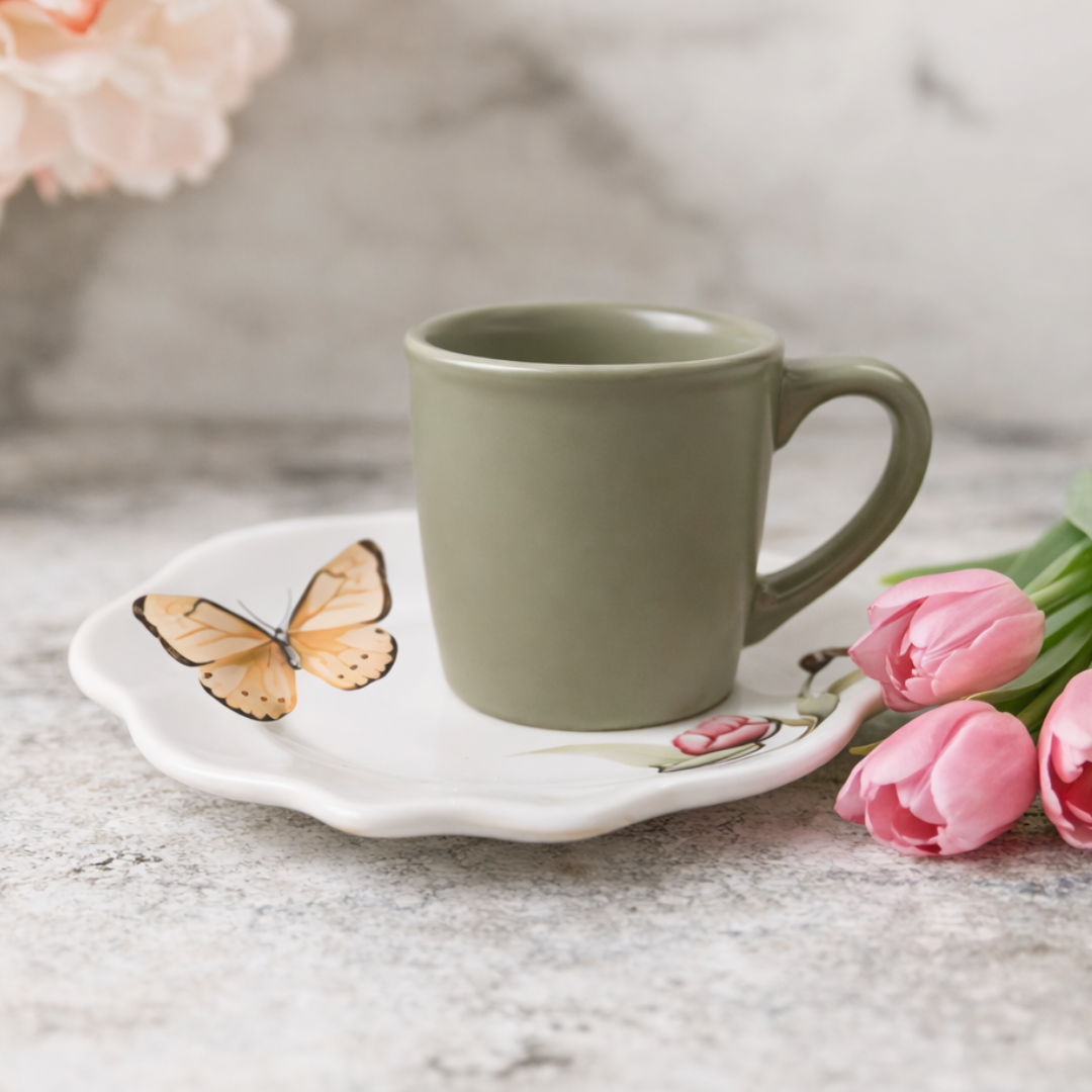 Xícara verde com pires branco estampado borboleta e flor rosa