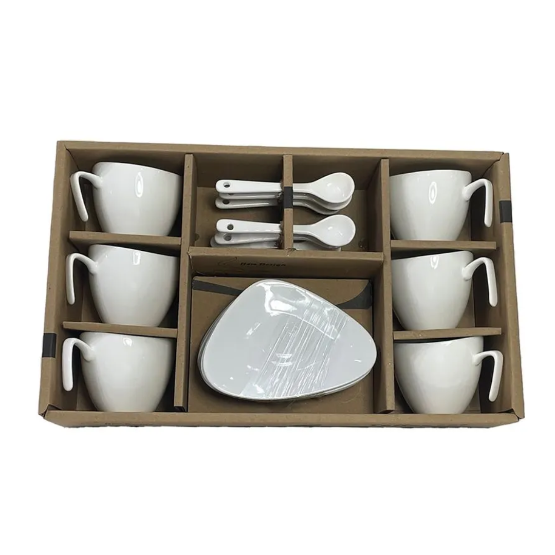 Jogo 6 Xicaras de Café com Colher em Porcelana Branca 80ml