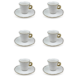 Jogo 6 Xicaras de Café com Pires Cerâmica Branco e Dourado 80ml