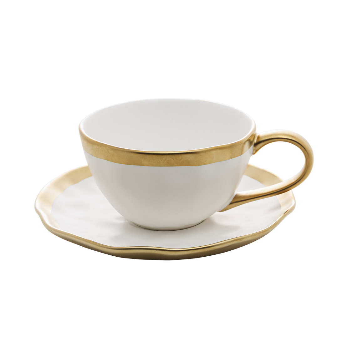 Xícara de Chá em Porcelana Dubai Branco e Dourado 200ml
