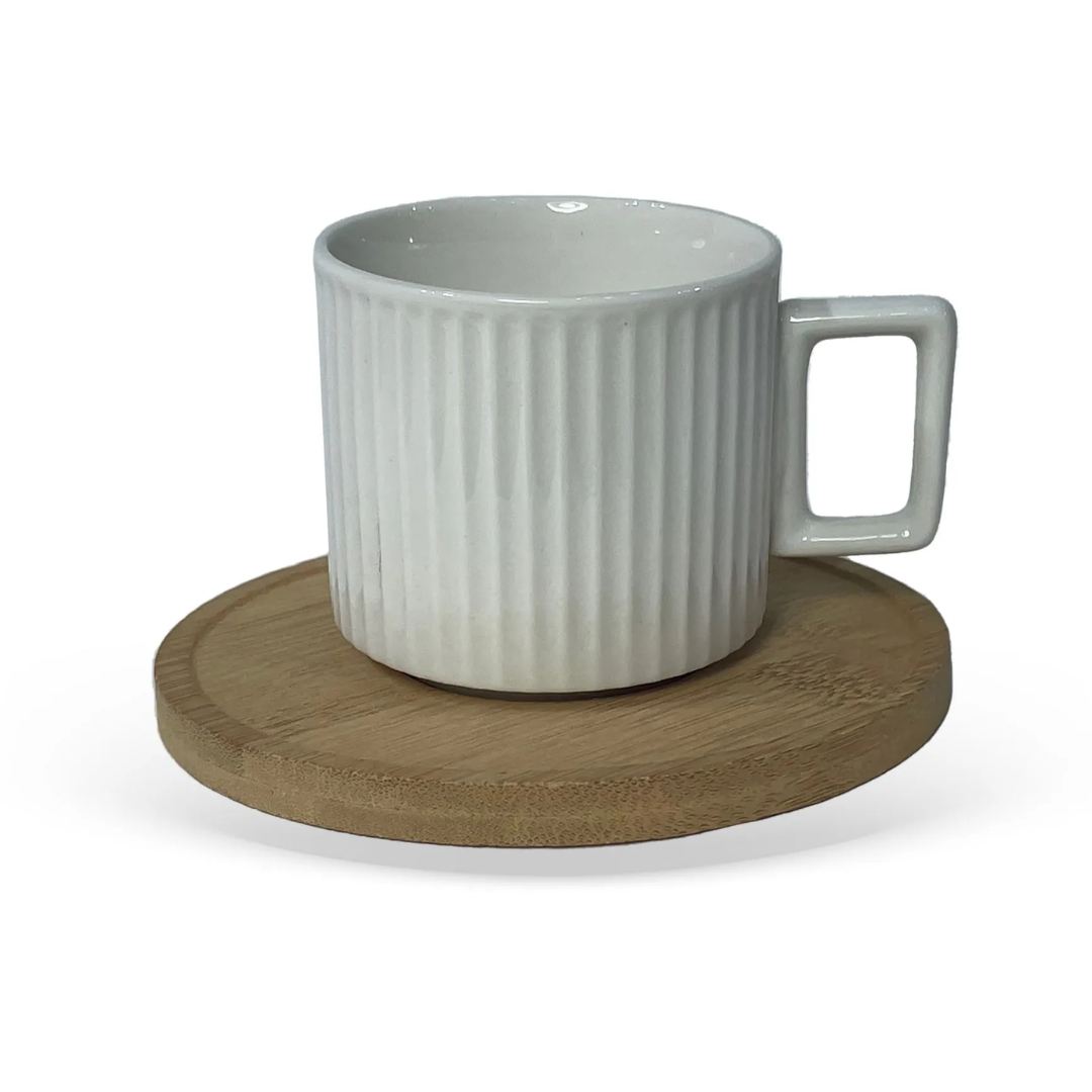 Jogo 6 Xicaras de Café Branca em Porcelana com Pires de Madeira 90ml