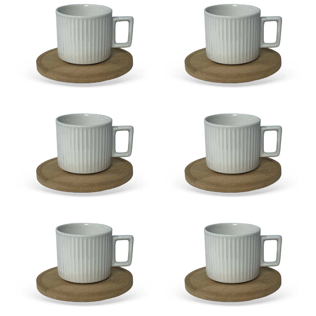 Jogo 6 Xicaras de Café Branca em Porcelana com Pires de Madeira 90ml