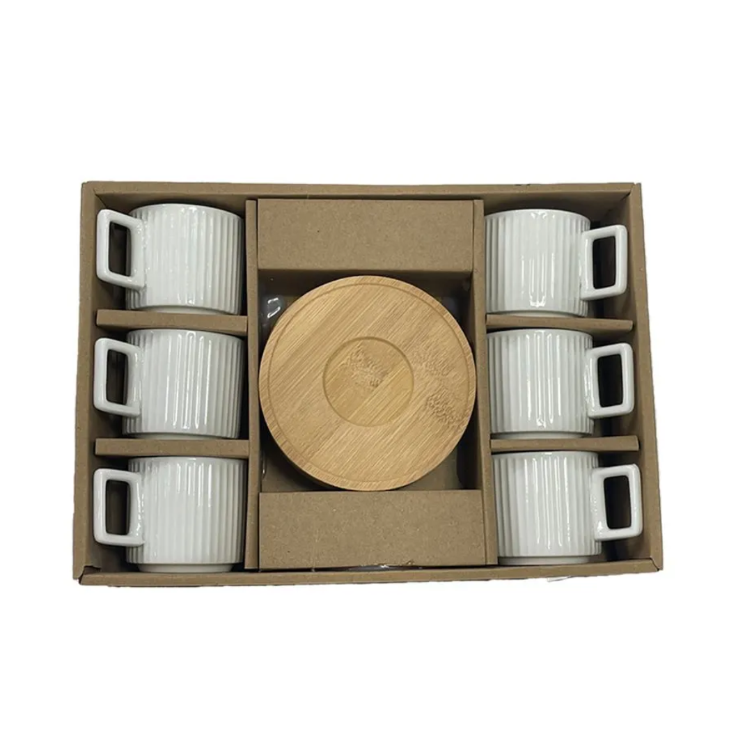 Jogo 6 Xicaras de Café Branca em Porcelana com Pires de Madeira 90ml
