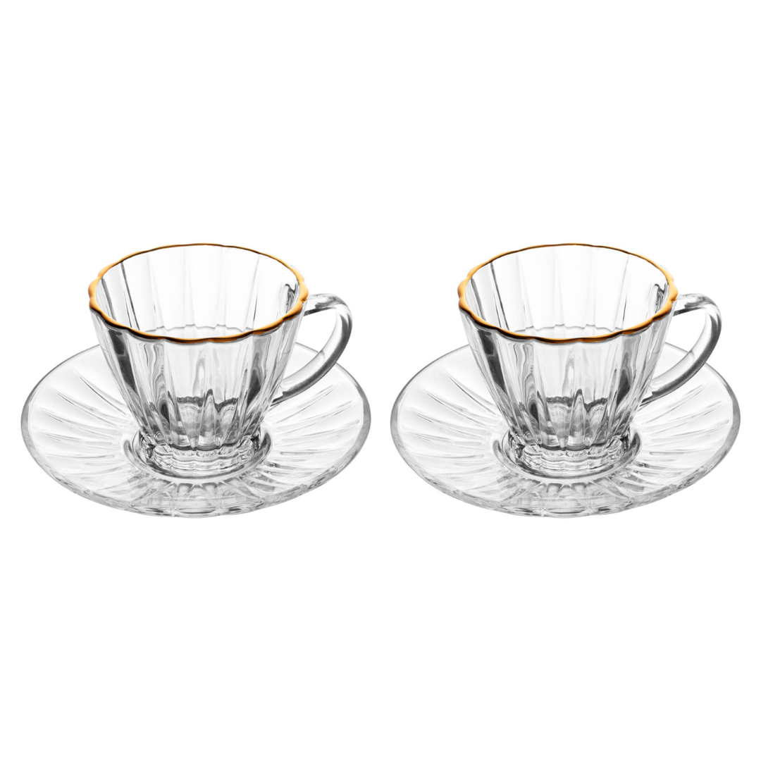Duas xícaras café vidro transparente com pires radial e acabamento fio ouro