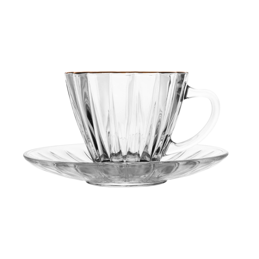 Xícara café vidro com padrão radial e alça lateral, vista frontal