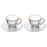 Duas xícaras café vidro transparente com pires radial e acabamento fio ouro