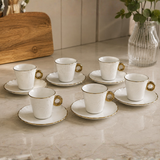 Jogo 6 Xicaras de Café com Pires Cerâmica Branco e Dourado 80ml