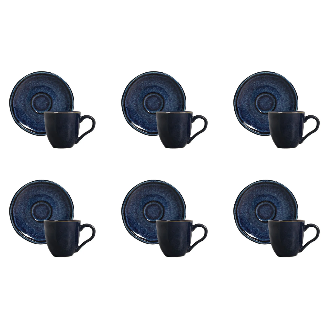 Jogo 6 xícaras de café com pires azul marinho e alça preta