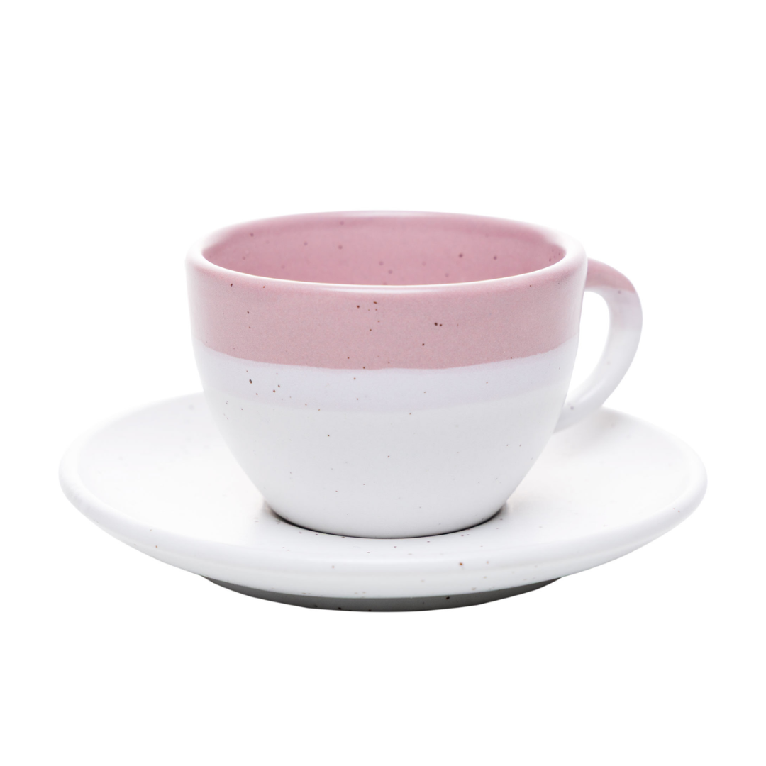 xicara ceramica ombré rosa angulo tres quartos com pires