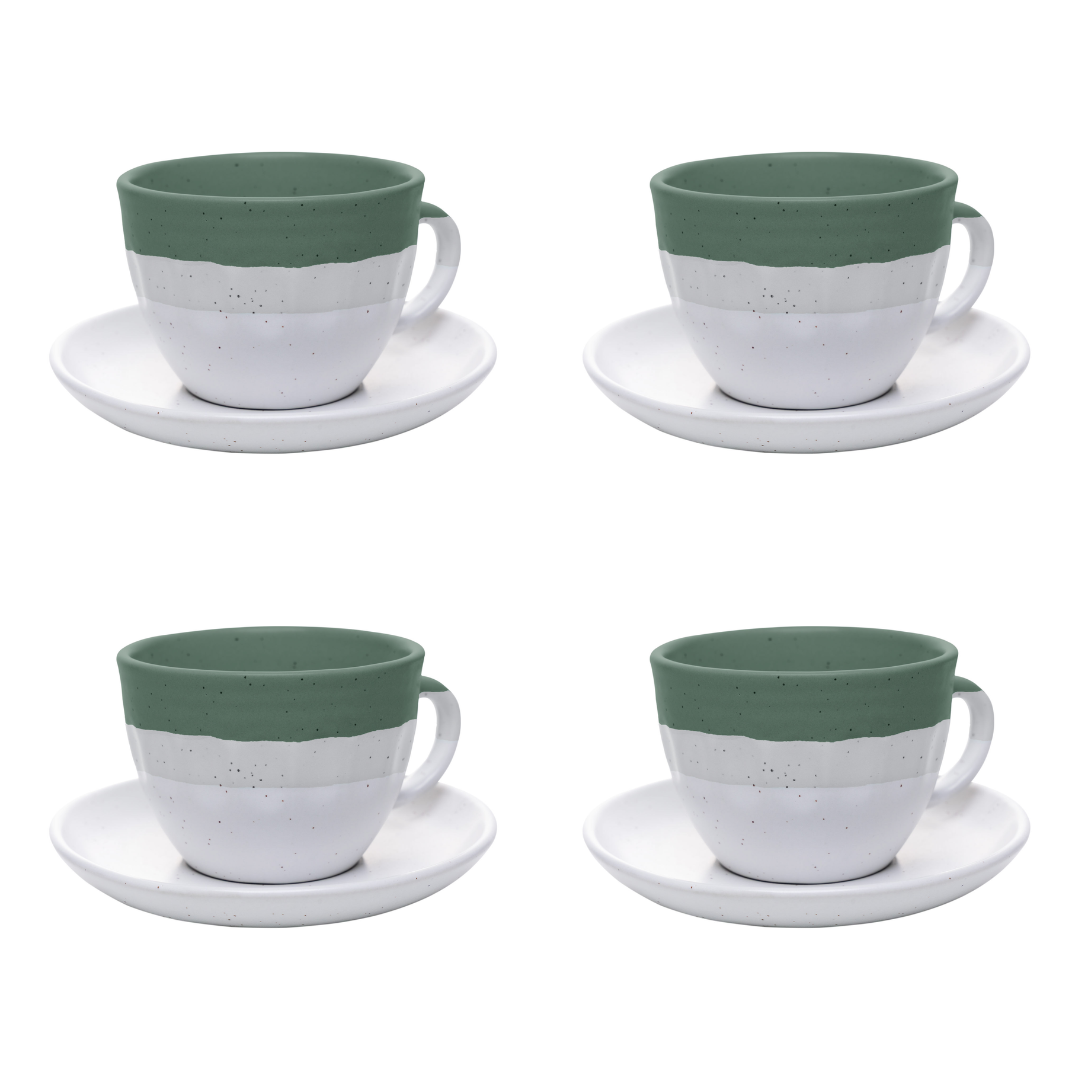 Jogo 4 xícaras de chá cerâmica ombre verde com píres fundo branco